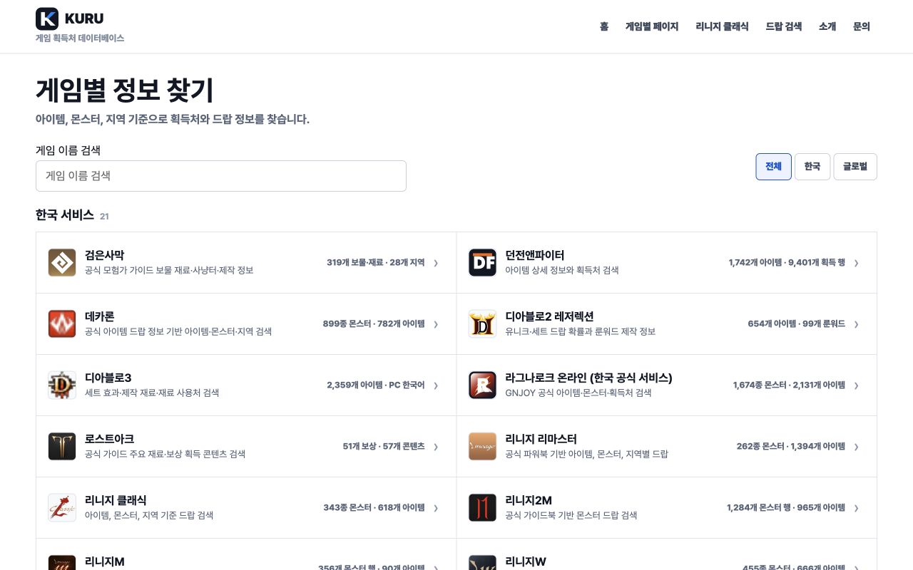 KURU 게임별 정보 찾기 화면